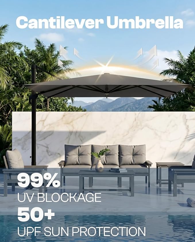 10'×10' Patio Umbrella, Aluminum Cantilever Umbrella with 360°Rotation, Offset Patio Umbrella with Easy Tilt Fade Resistance for Pool Deck Backyard, Charcoal (Base not Included)