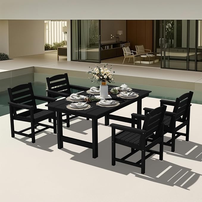 KINGYES 5 Piece Patio Dining Set for 4, HDPE Outdoor Table and Chairs Set with Umbrella Hole, Black