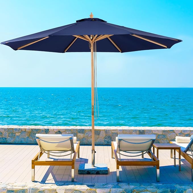 9ft Bamboo Umbrella, Outdoor Patio Umbrella, Waterproof Market Umbrella, 8 Ribs Table Umbrella with Pulley Lift for Garden, Deck, Pool, lawn, Backyard