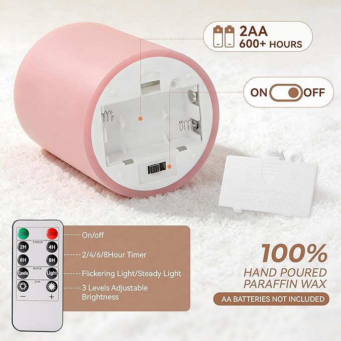 Pink Flameless Candles with Remote and Timer, Real Wax Made LED Pillar Candles Battery Operated with 3D Flickering Flame Melted Edge, 3" x 4",5",6", Set of 3 (Pastel Pink)