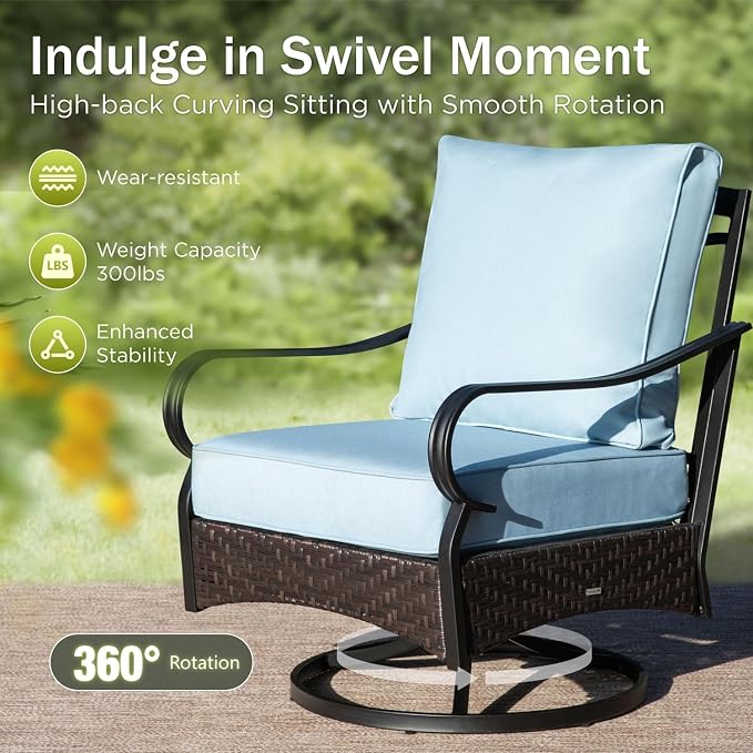 PHI VILLA Patio Furniture Set, Upgraded Wicker & Metal Modern Outdoor Conversation Sets Patio Sectional Swivel Chair Set with Coffee Table & Waterproof Thick Cushions for Porch, Deck(6 Pieces, Blue)