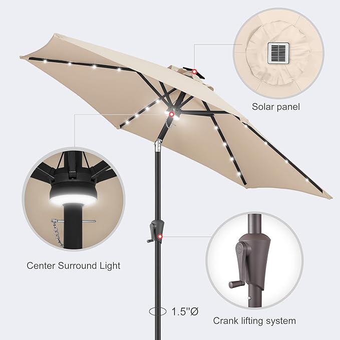 Jarka&Co 7.5ft Solar Patio Umbrella - Lighted Solar Outdoor Umbrella with 24 LED Lights Waterprool UV Protection, Market Table Umbrella with Tilt for Backyard, Garden, Pool, Porch (Beige)