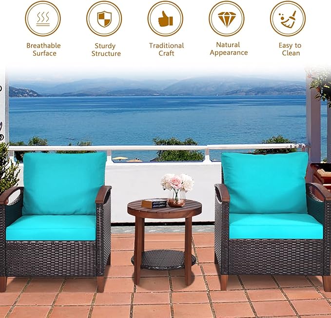 HAPPYGRILL 3-Piece Patio Conversation Set Outdoor Rattan Wicker Sofa Set with Cushion and Acacia Wood Frame Table and Chairs Set for Garden Poolside Balcony