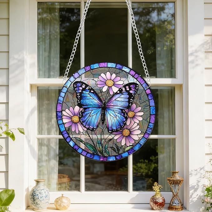 8 Inch Acrylic Window Hanging, Butterfly Flower Stained Glass Suncatcher, Window Decor, Plant Lover Gift for Women, Best Friend, Family, Colleague, Classmate (232)