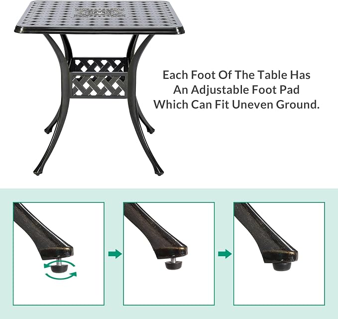VIVIJASON 30.5" Patio Table Outdoor Dining Square Table Bronze Cast Aluminum Dining Table with Umbrella Hole