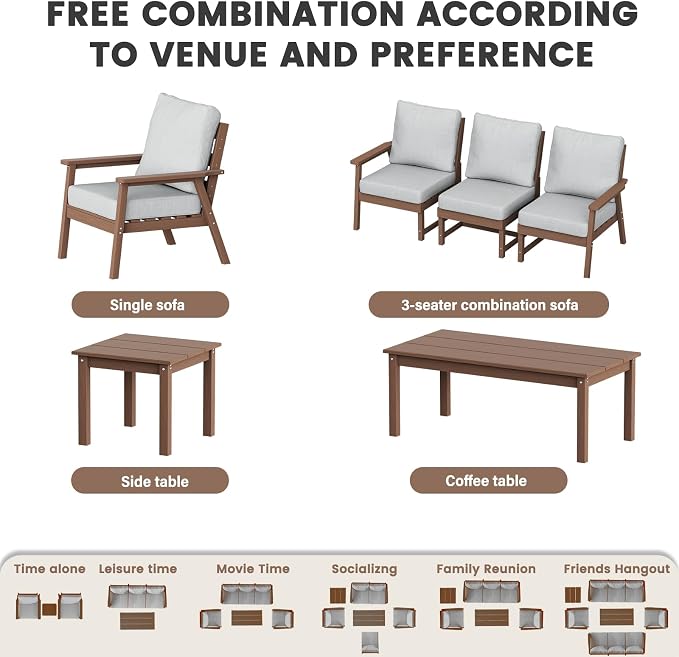 LOUNZY HDPE Patio Furniture Set,10 Pieces Sectional Outdoor Furniture Set, All Weather Outdoor Couch Set Patio Conversation Set for Deck, Lawn, Brown