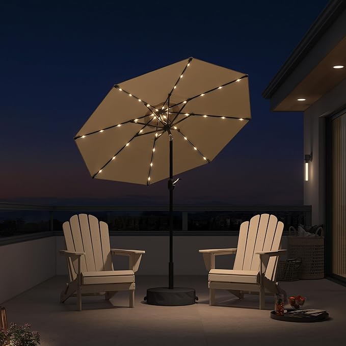 PURPLE LEAF 7.5' Round Patio Umbrella with Solar LED Outdoor Table Umbrella Aluminum Frame Market Umbrella with 8 Sturdy Ribs & Tilt for Garden Deck Lawn Pool Beige