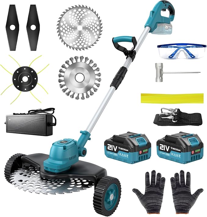 Electric String Trimmer Cordless with Wheel, 1000W Battery Powered Weed Wacker, 2x4.0Ah Batteries, Adjustable Length, 4‑in‑1 Lightweight Grass Trimmer/Brush Cutter/Weed Trimmer/Edger Tool