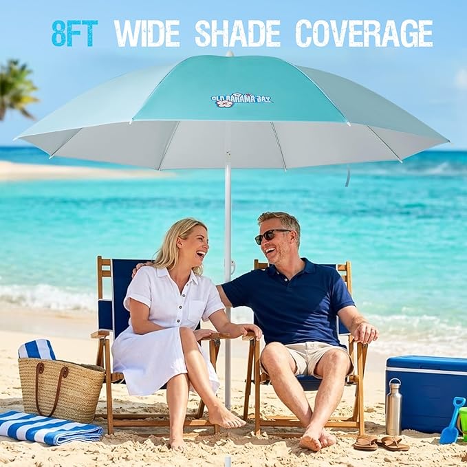 Old Bahama Bay 8ft Beach Umbrella with Screw Sand Anchor & Tilt Mechanism, UPF 50+ UV Protection, Windproof Heavy Duty Portable Sun Shelter with Carry Bag for Patio, Garden, Pool & Backyard, Teal/Blue