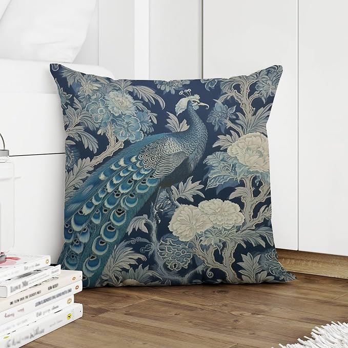 Blue Peacock Chinoiserie Pillowcase Blue Grey Asian Flower Throw Pillow Cover Retro Modern Decorative Pillow Covers for Couch Garden Tent Balcony 16x16 in