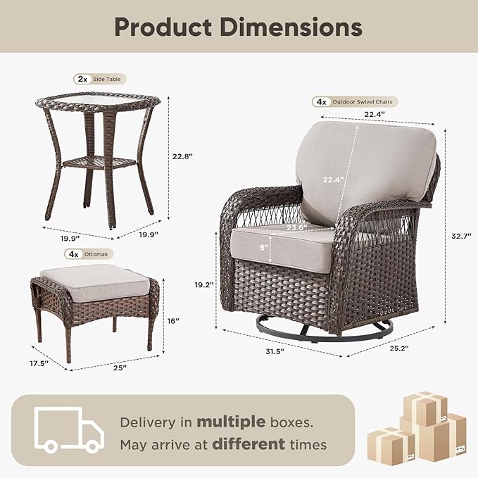 Belord Patio Wicker Swivel Rocker Patio Chairs with 3-Seater Sofa, Outdoor Rattan Chairs for Deck Porch Poolside, 10 Piece Patio Conversation Furniture Set,Beige