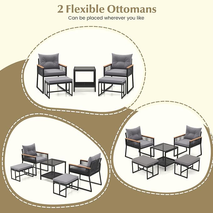 HAPPYGRILL 5 Piece Patio Conversation Set PE Rattan Wicker Chairs with 2 Ottomans, Soft Cushions and 2 Tier Coffee Table, Outdoor Furniture Set for Backyard, Garden and Poolside