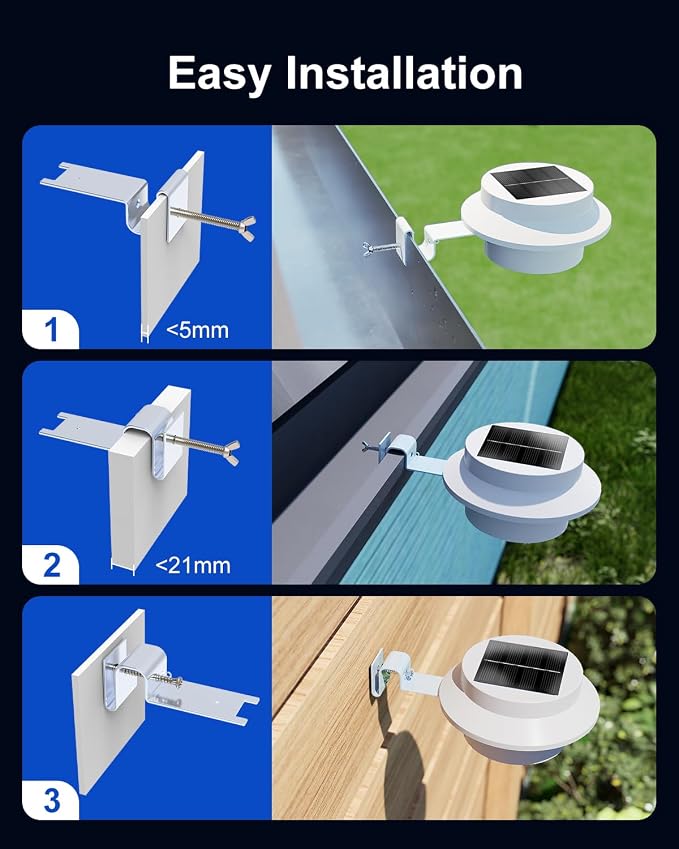 8 Pack White Solar Powered Clip On Gutter Mount Lights Outdoor Waterproof LED Fence Lamp for Lighting Rainspout, Railing, Outside House, Wall, Deck, Porch, Garage, Easy Peasy Installation(Warm White)