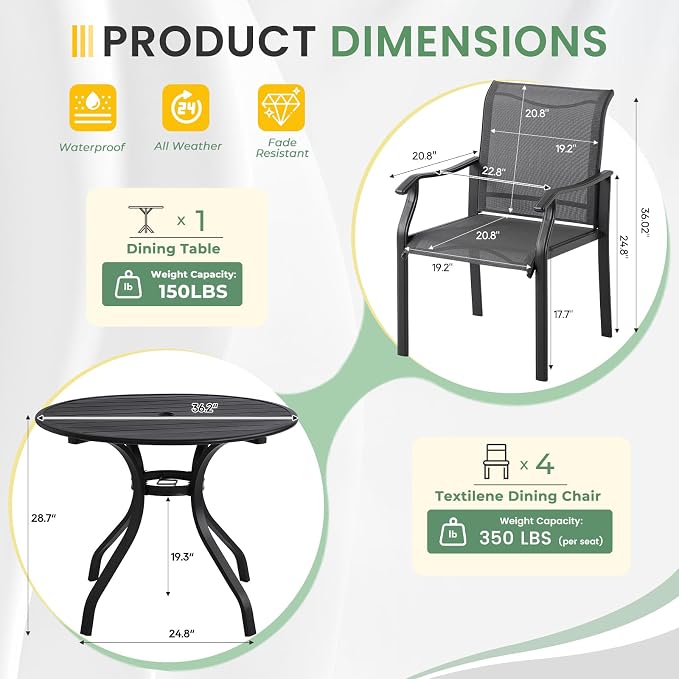 LVUYOYO 5-Piece Outdoor Patio Dining Set, Textilene Dining Chairs & Round Table Set, All-Weather Table and Chairs Set with Umbrella Hole for Backyard, Garden,Balcony,Porch (Gray)