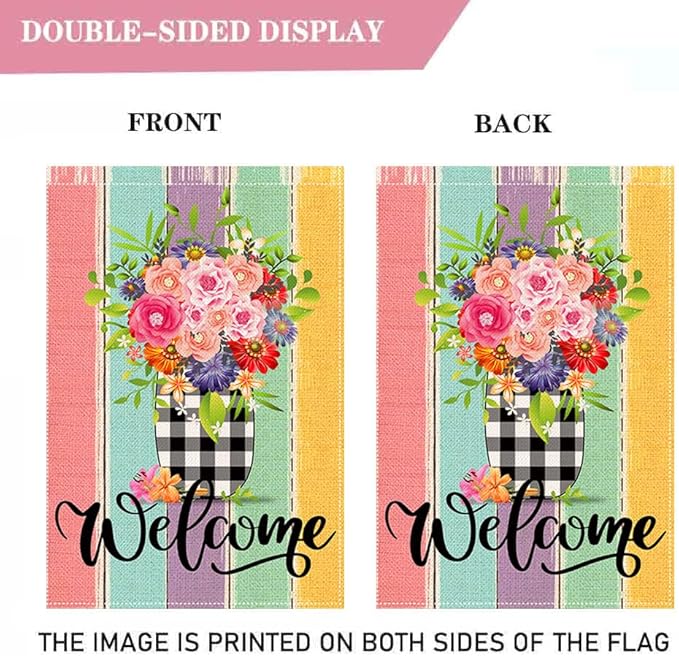 Spring Welcome Garden Flag 12.5 x 18 Inch Colorful Floral Decorative Double Sided Burlap Flag For Spring Summer Farmhouse Yard Seasonal Decor