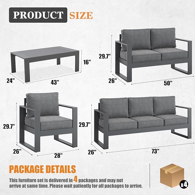 Outdoor Aluminum Furniture Set - 5 Pieces Modern Patio Conversation Sets Metal Sectional Sofa with Coffee Table