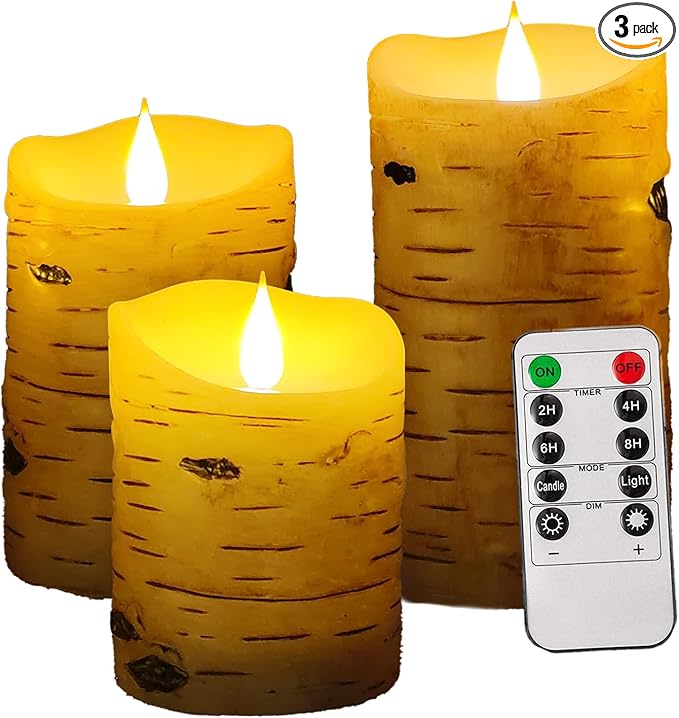 NICEME LED Birch Bark Flameless Candles Set of 3 Real Wax Battery Operated Candles Flickering Teardrop Wick Electric Decorative Pillar Bark Candles with Remote Timer, D3 x H4 5" 6"