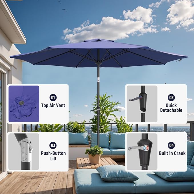 Outdoor Patio Umbrella with One Push Button Tilt and Crank, 8 Sturdy Ribs Market Table Umbrella