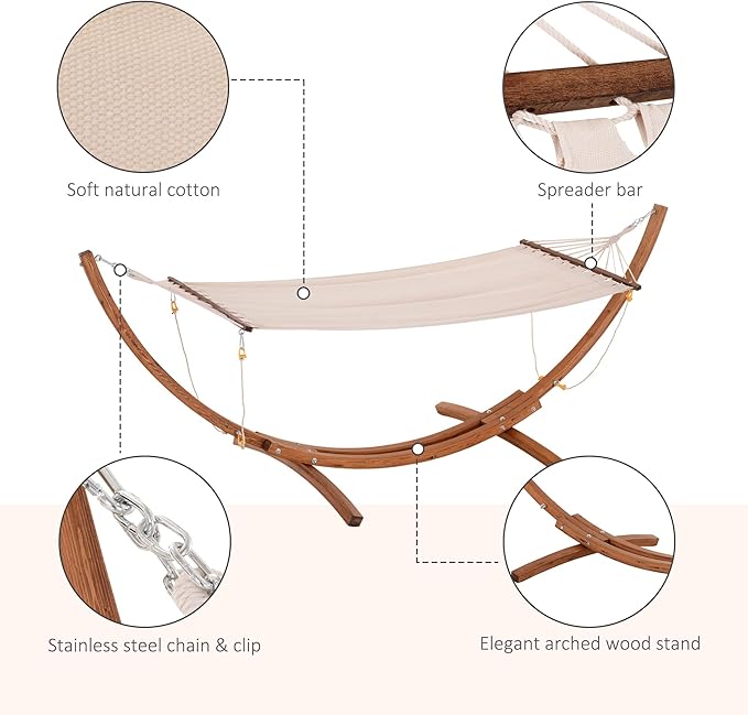 GOWE 10' Wood Outdoor Hammock, Hammock with Stand Rainbow Bed, Heavy Duty Roman Arc Hammock for Single Person for Patio Backyard Balcony Porch, White