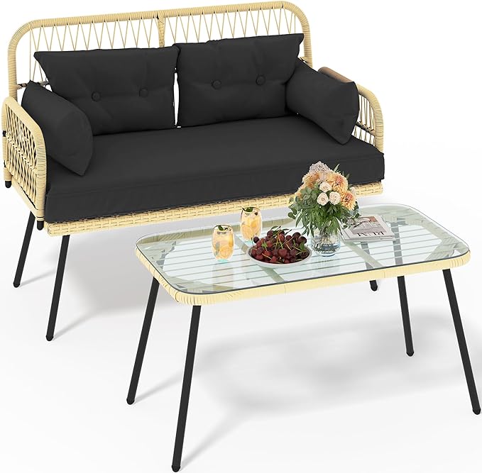 YITAHOME 2-Piece Patio Furniture Wicker Outdoor Loveseat, All-Weather Rattan Conversation for Backyard, Balcony and Deck with Soft Cushions and SideTable (Light Brown+Black)