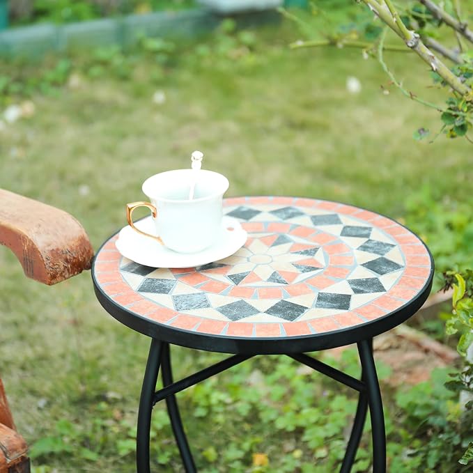 VCUTEKA Mosaic Outdoor Side Table - Small Patio Table Coffee Outside Accent Tables Round End Plant Tables for Bistro Balcony Porch Outdoor Benches 14'' Brown