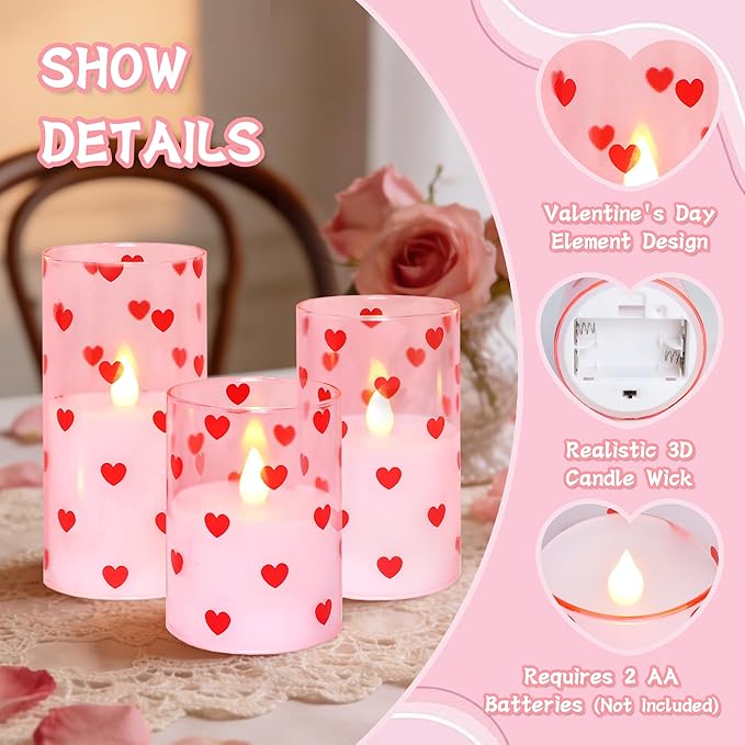 Silverstro Love Flameless Candles with Remote Timer, Glass Battery Operated Candles, Pink Spray-Painted Heart LED Candles for Home Party Wedding Valentine's Day Decor Set of 3
