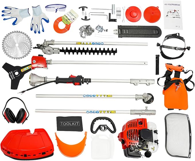 51.7CC 2 Stroke Gas Powered Weed Eater Weed Trimmer 4-in-1 Hedge Trimmer and Chainsaw, Multi Functional Garden Trimming Tools w/Extension Bar for Gardens Parks Yards