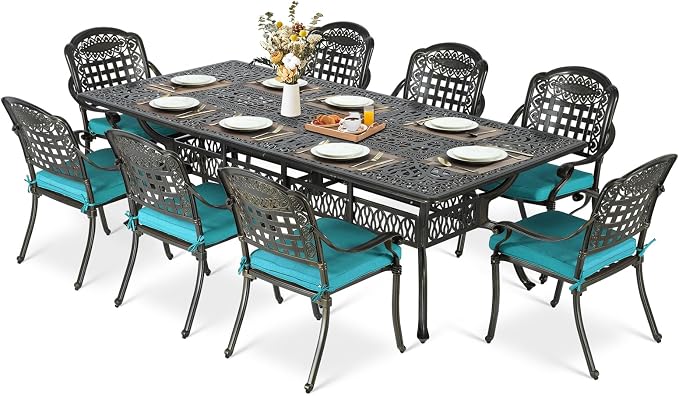 MEETWARM 9-Piece Outdoor Patio Dining Set for 8, All Weather Cast Aluminum Patio Funiture Table and Chairs Set- 94.5” Rectangular Table and 8 Cushioned Chairs for Garden, 2" Umbrella Hole, Ocean Blue