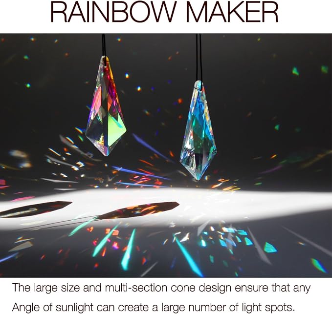 2PCS Cone Crystal Suncatcher Prisms for Windows (Lanky Cone) | AB Color, Transparent, K9 Glass, Rainbow Maker, with Hooks & Cord