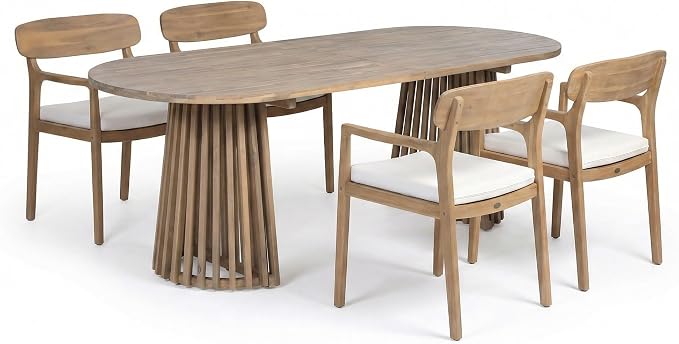 Christopher Knight Home Zoa Acacia Wood Dining Set for 4, Outdoor Dining Table with Dual Slatted Pedestal Bases, Outdoor Dining Chairs with Cushions, 5 Piece Patio Dinner Set, Beige/Light Teak/Brown