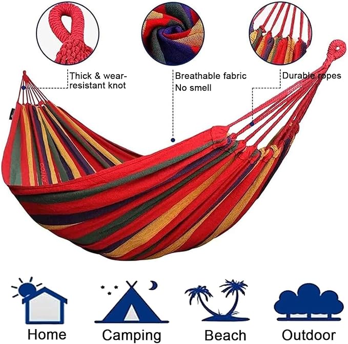 Double Hammock 2 Person Canvas Cotton with Tree Straps for Patio Garden Backyard Outdoor and Indoor (Red, Blue)(Blue240X80cm)