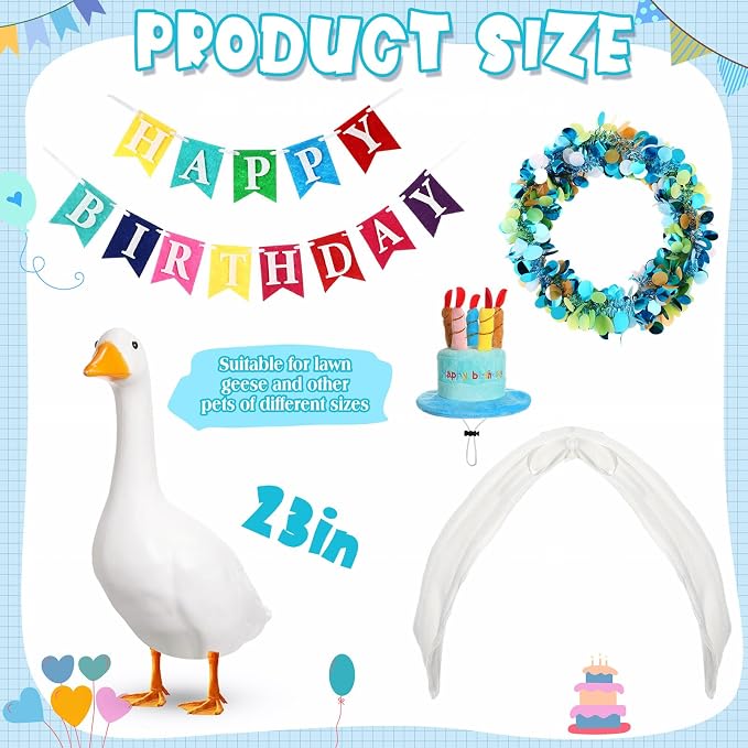 Abbylike 4 Pcs Happy Birthday Porch Goose Outfit for 23" Statues Poseable Porch Goose Wings Birthday Cake Hat for Lawn Patio Outdoor Geese Statue Decoration Accessories(Blue,Classic Style)