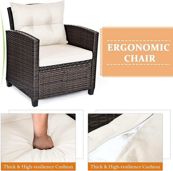 Modern Beige 3-Piece Wicker Patio Furniture Set with Water-Resistant Cushions & Tempered Glass Table
