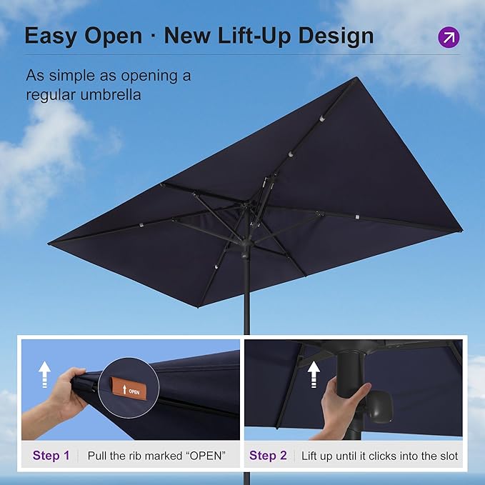 PURPLE LEAF 10' x 6.5' Rectangular Semi-Auto Outdoor Patio Umbrella Aluminium Market Umbrella Table Sun Umbrella with 1.89" Rod and 6 Sturdy Ribs for Deck Lawn Pool Garden, Navy Blue