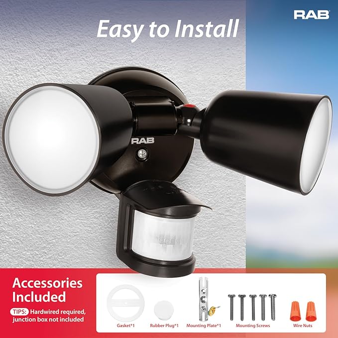 RAB Lighting LU160 Luminator Motion Sensor Outdoor Lights - Flood Light for Security, Outside Dusk to Dawn Photocell, 3000k–5000k Tunable, IP65 Weatherproof Rating, 160°Coverage, 50 Ft Range (Black)