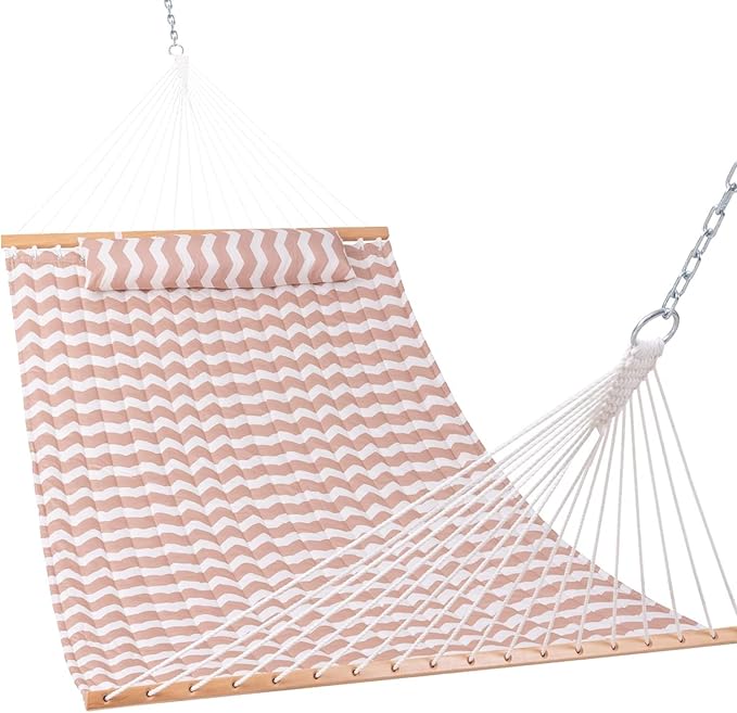 Lazy Daze Hammocks 12FT Quilted Fabric Double Hammock with Spreader Bars and Detachable Pillow, 2-Person for Patio, Poolside, Backyard, Beach - 450 lbs Capacity, Beige Wave