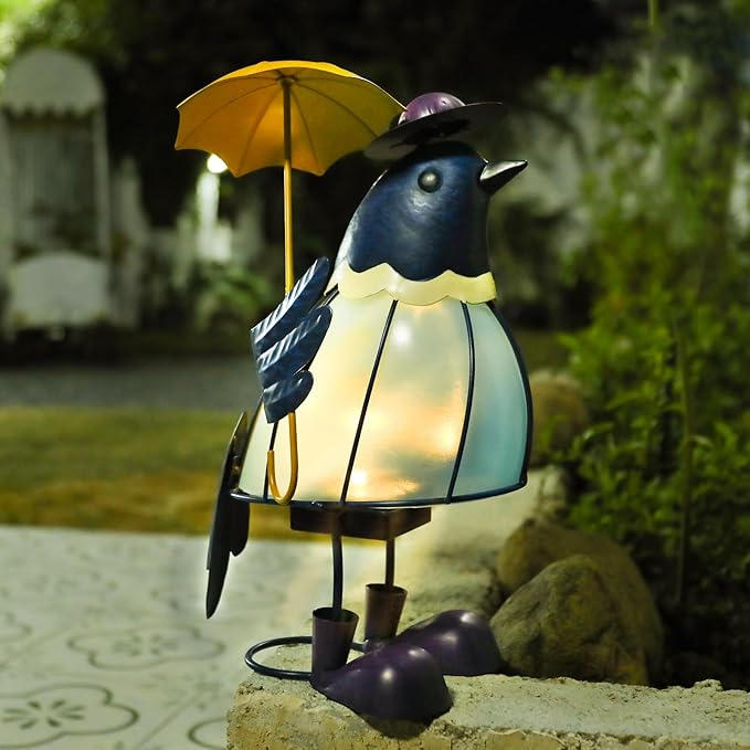 MUMTOP Solar Outdoor Lights Garden Decor, Cute Bluebirds Waterproof Solar Powered LED Light Metal Bird Holding Yellow Umbrella Yard Art Ornament for Patio Outside Lawn Backyard Balcony Decorations