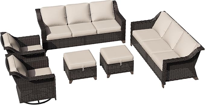 6 Pieces Patio Conversation Furniture Set - 2 Sofas, 2 Swivel Chairs, 2 Ottomans, Outdoor Wicker Furniture with Removable Cushions for Porch, Balcony, Sunroom (Beige)