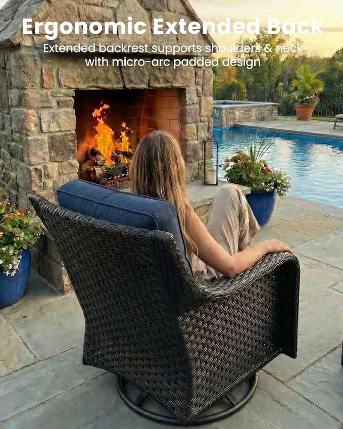 3 Pieces Outdoor Furniture Set with 6-inch Cushions, High Back Wicker Swivel Rocker Chairs with Coffee Table, Luxury Conversation Set for Deck Patio and Poolside