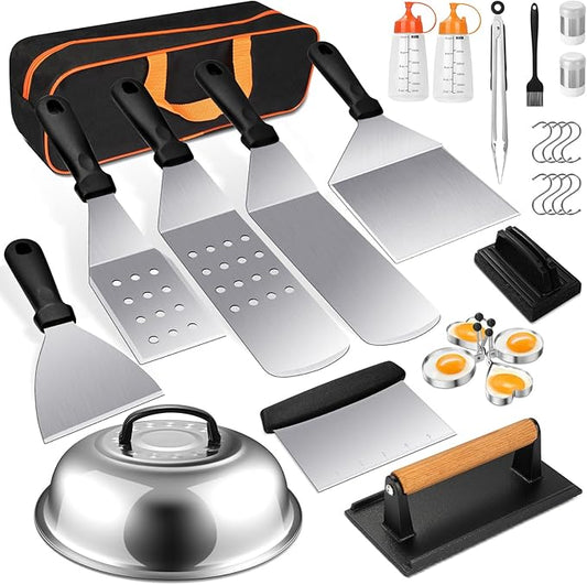 Terlulu Griddle Accessories Kit, 28 PCS Flat Top Grill Accessories for Blackstone and Camp Chef, Metal Spatula Set with Burger Press, Melting Dome, Tongs, Scraper, Carry Bag for Outdoor Grilling BBQ
