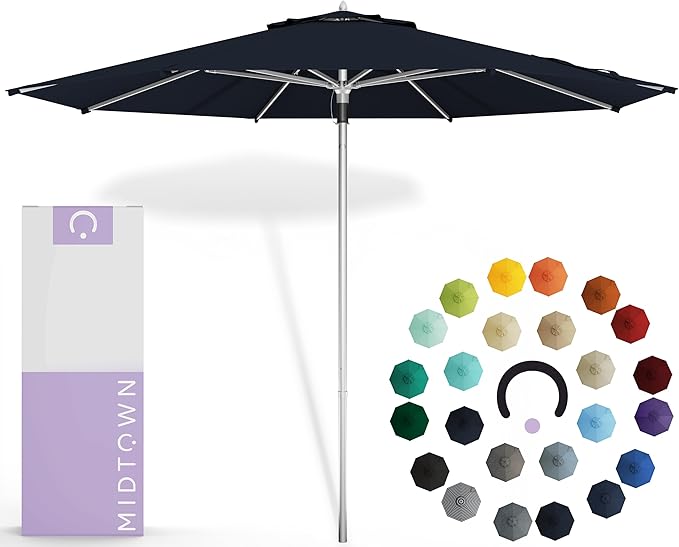 Midtown Umbrellas Push & Pop 9 Ft Patio Umbrellas with Push & Pop Mechanism, 8 Fiberglass Ribs & Sunbrella Fabric – Outdoor Umbrella for Deck, Pool, Cafés and Hotels – Canvas Navy Canopy, Silver Pole
