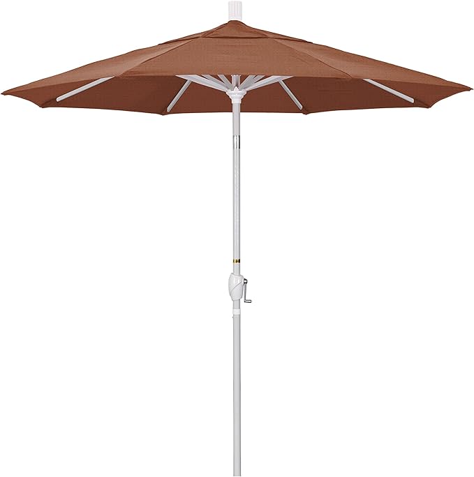 California Umbrella 7.5' Round Aluminum Market Umbrella, Crank Lift, Push Button Tilt, White Pole, Terracotta Olefin