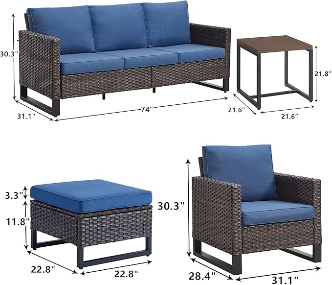 Rilyson Wicker Outdoor Patio Furniture Set - 6 Piece Patio Conversation Set with 2 Armrest Chairs,2 Rattan Ottoman,1 Couch and 1 Metal Side Table for Outside Porch Deck Backyard(Brown/Blue)