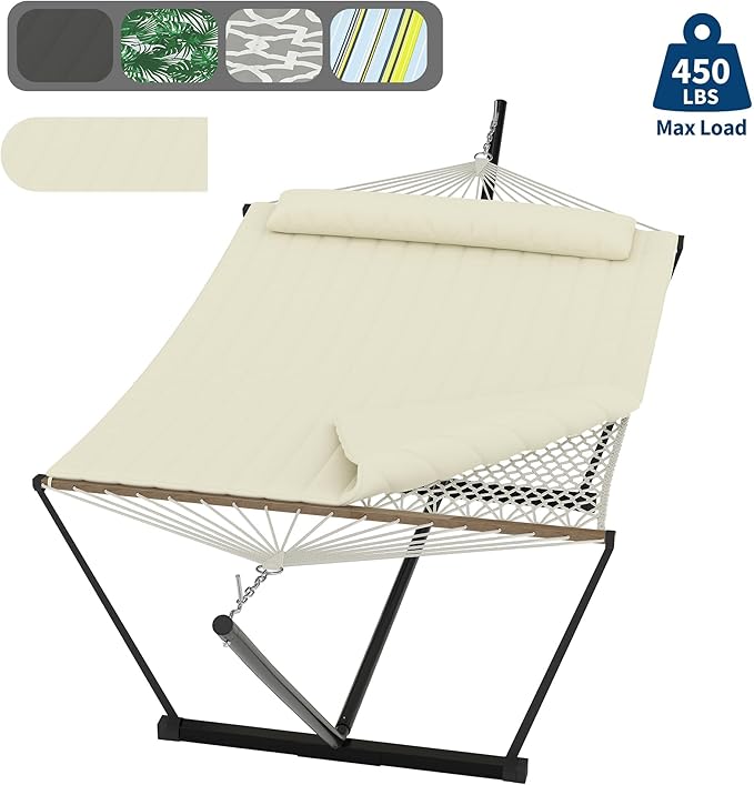 Double Hammock with Stand Curved-Bar Hammock, 450LBS Capacity, 2 Person Large Hammock, Indoor and Outdoor Hammock, Perfect for Backyard Patio Beach