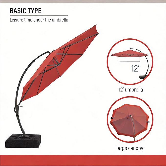 LAUSAINT HOME 12ft Patio Cantilever Umbrella with Base Included, Outdoor Curvy Round Offset Umbrella, Heavy Duty Aluminum, 360° Rotation for Pool, Deck, Lawn, Backyard (Red)