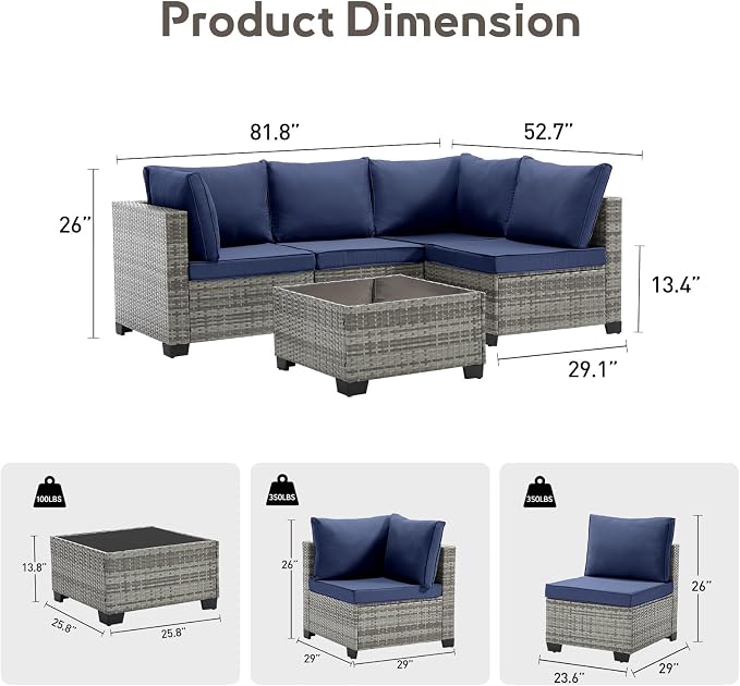 Bonzy Home 5 Pieces Outdoor Patio Furniture Set, PE Rattan Outdoor Sectional Furniture Sofa Set with Removable Cover and Glass Coffee Table, Patio Sofa for Balcony, Porch, Garden, (Grey-Navy Blue)