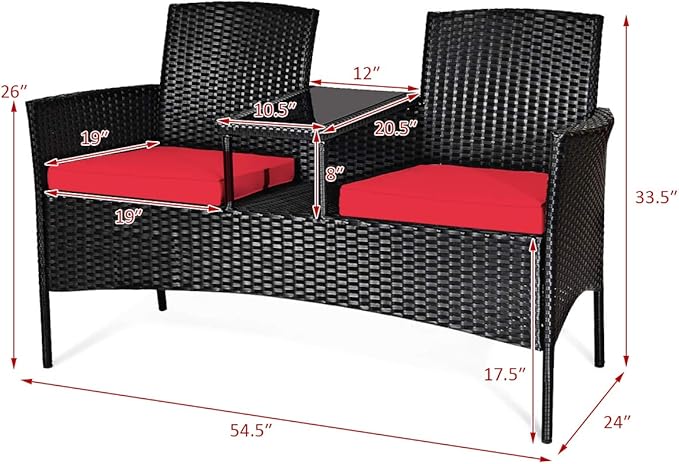 Tangkula Wicker Patio Conversation Furniture Set, Outdoor Furniture Set with Removable Cushions & Table, Tempered Glass Top, Modern Rattan Bench for Garden Lawn Backyard