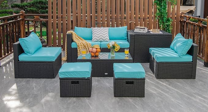 Tangkula 8 Pieces Patio Furniture Set with Waterproof Cover, Patiojoy Space Saving Outdoor PE Rattan Set with Storage Box, Tempered Glass Table, 2 Ottomans, 2 Armless Sofas & Corner Sofas