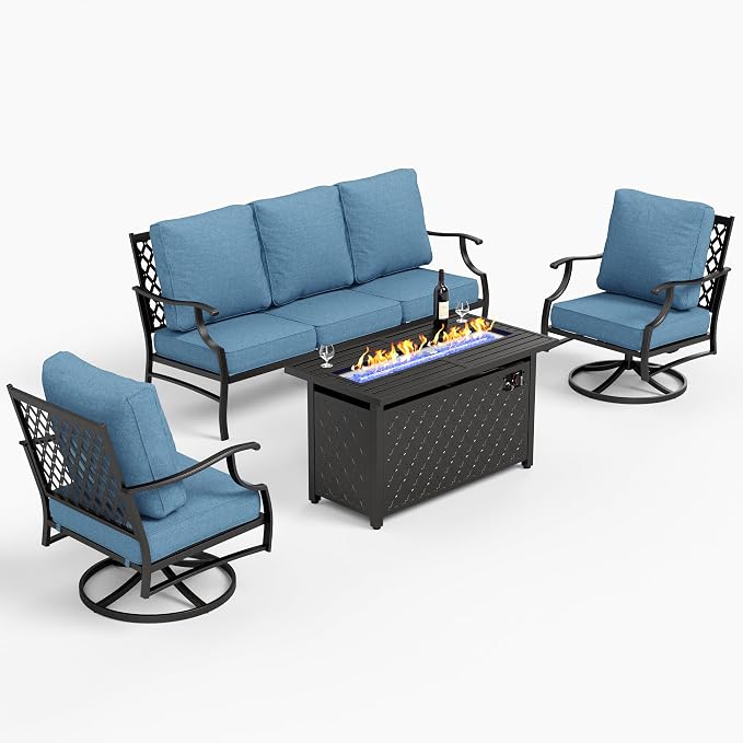 SUNSHINE VALLEY 6 Piece Metal Outdoor Patio Furniture Set with Firepit Table, Patio Conversation Set 1 3-seater Sofa, 2 Swivel Chair, 2 Ottoman with 5.75" Thick Cushion, Black Backyard Furniture, Navy