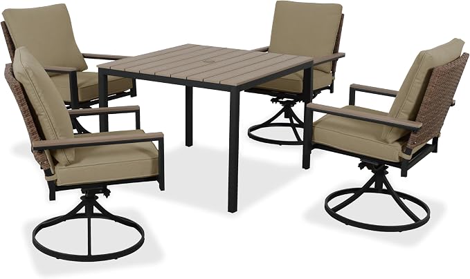 5-Piece Patio Dining Set, 4 Swivel Chairs with Removable Thickened Cushions & Square Table with Umbrella Hole, All-Weather Furniture for Backyard, Garden & Lawn, Beige
